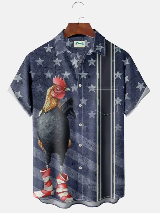 Holiday American Flag Blue Men's Hawaiian Shirts Cartoon Rooster Art Stretch Plus Size Aloha Camp Pocket Shirts