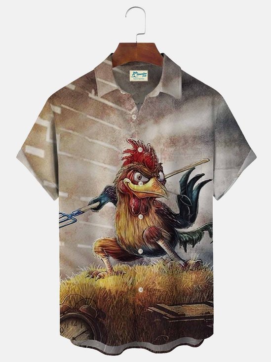 JoyMitty Vintage 50’s Fun Cartoon Kung Fu Rooster Men's Camp Shirts Aloha Pocket Hawaiian Shirts