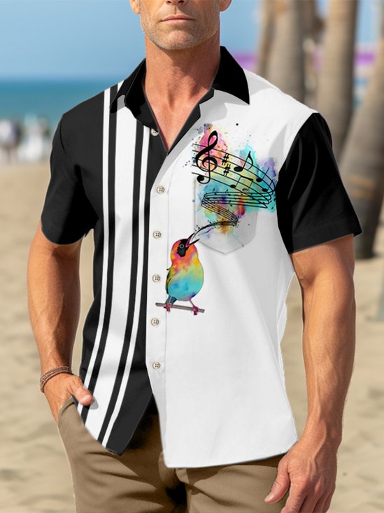 Men's Music Bird Watercolor Print Casual Short Sleeve Hawaiian Shirt