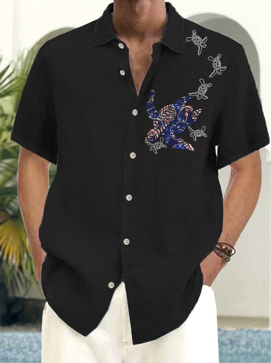 Royaura Basic Casual American Flag Turtle Print Beach Men's Hawaiian Oversized Shirt With Pockets