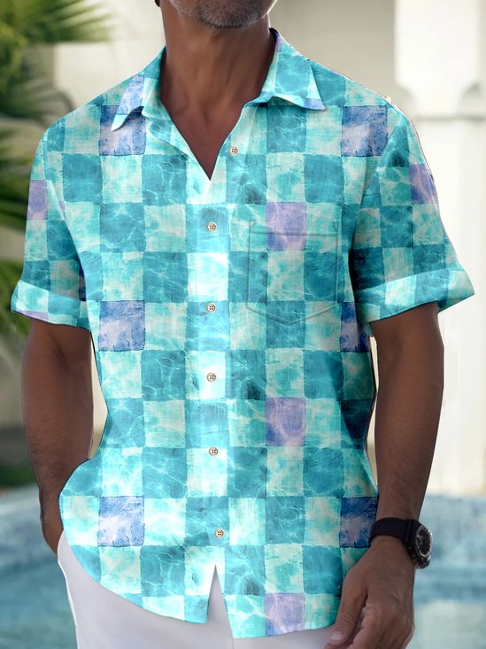 Water Ripple Checkerboard Print Beach Men's Hawaiian Oversized Shirt with Pockets