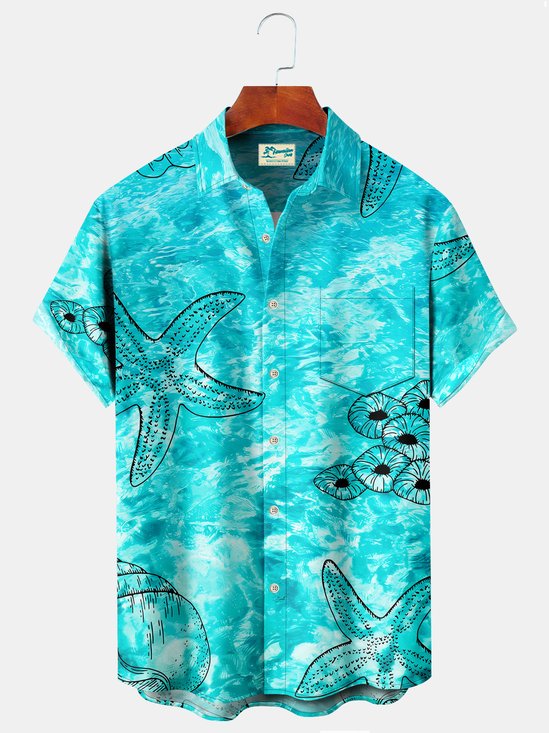 Beach Vacation Light Green Men's Hawaiian Shirts Pool Water Ripple Starfish Art Large Size Aloha Camp Pocket Shirts