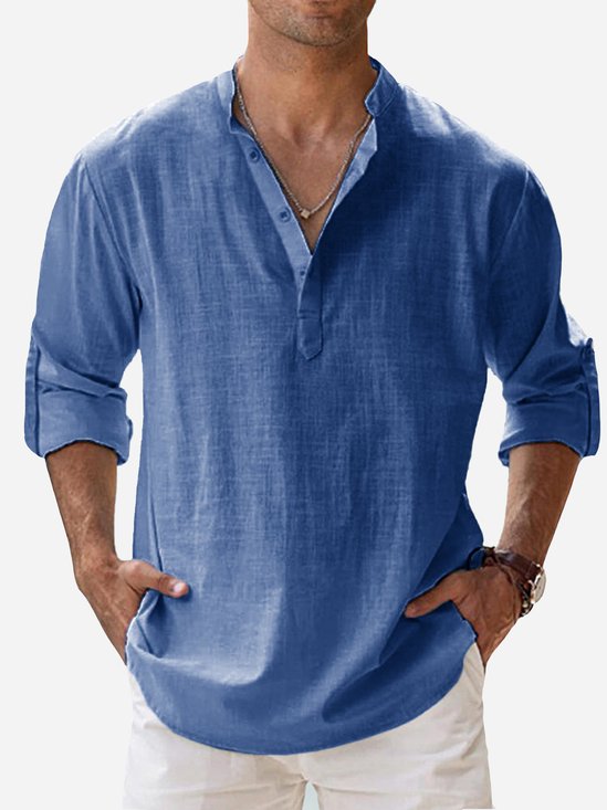 JoyMitty Vintage Casual Basic Natural Fiber Long Sleeve Stand Collar Shirts Breathable Comfortable Camp Shirts