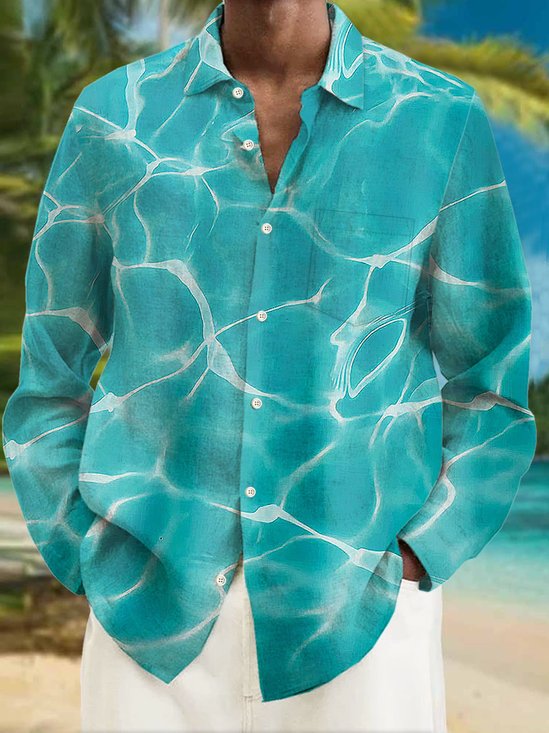 JoyMitty Hawaiian Water Ripple Green Print Men's Button Down Pocket Long Sleeve Shirt