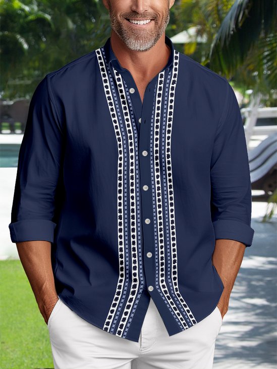 JoyMitty  Guayabera Casual Men's Vacation Big and Tall Long Sleeve Shirt
