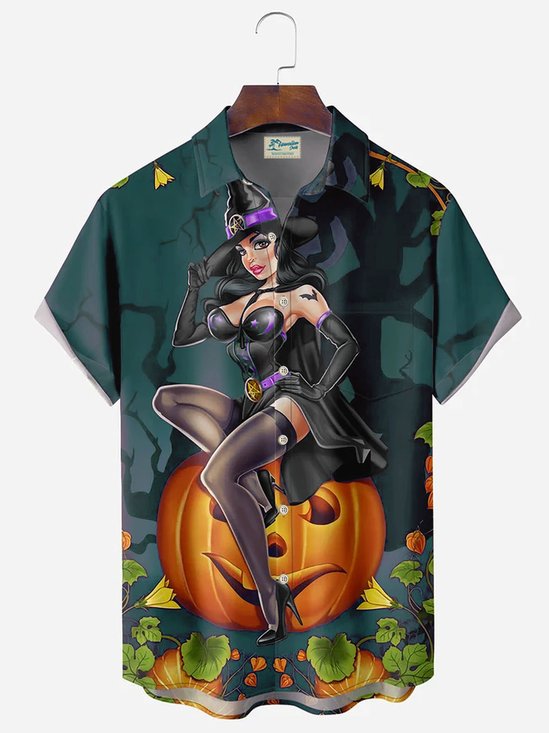Royaura Vintage Halloween Pumpkin Witch Print Men's Button Pocket Shirt