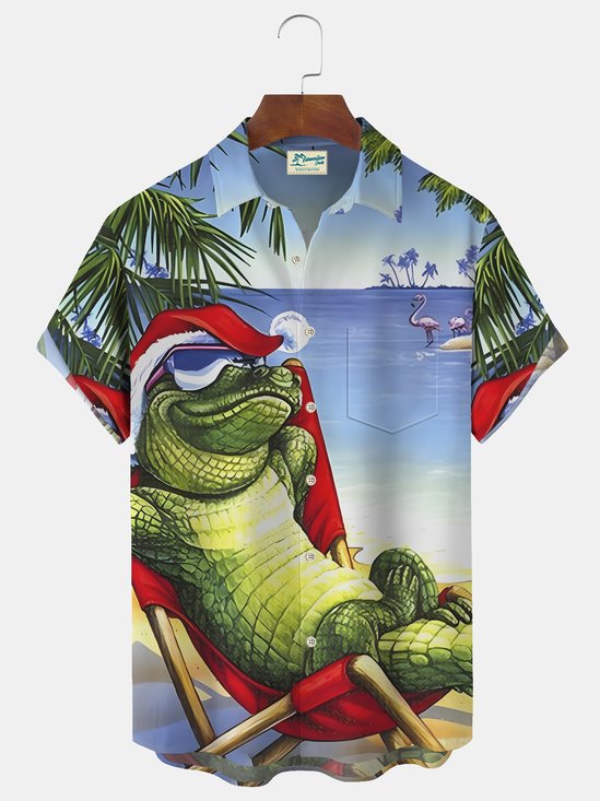 Royaura Funny Crocodile Christmas Print Beach Men's Hawaiian Oversized Short Sleeve Shirt with Pockets