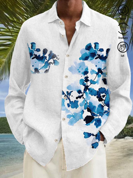 JoyMitty Nature  Fiber Shirt Floral Print Casual Men's Hawaii Vacation Oversized Long Sleeve Shirt
