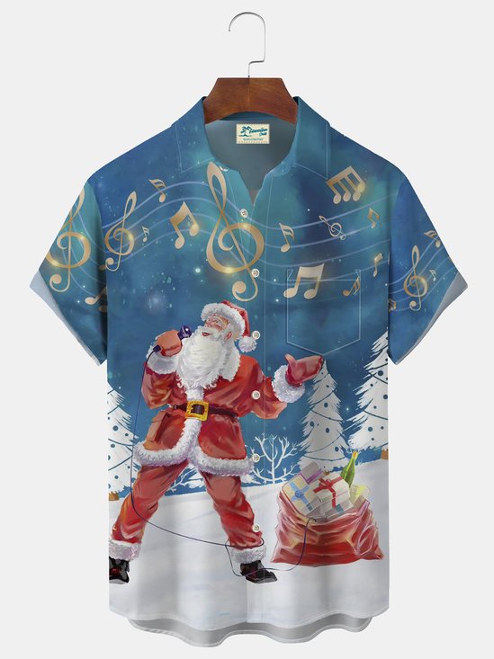 Santa Sing Music Print Beach Men's Hawaiian Oversized Shirt with Pockets