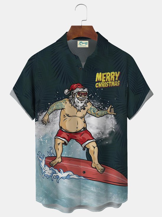 Royaura Surf Tattoo Santa Print Beach Men's Hawaiian Oversized Shirt with Pockets