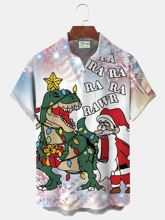 JoyMitty Christmas Santa Print Beach Men's Hawaiian Oversized Short Sleeve Shirt with Pockets