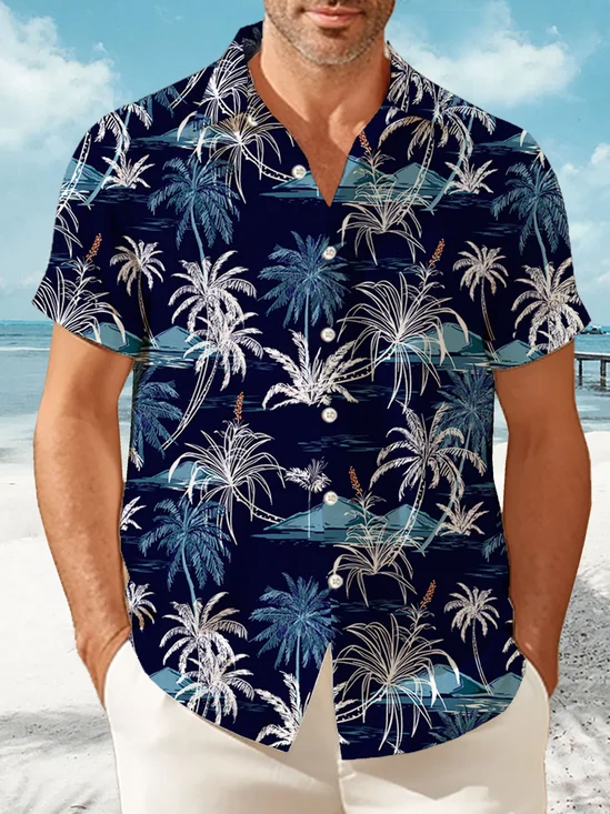 JoyMitty Nature  Fiber Hawaiian Coconut Tree Blue Print Chest Bag Shirt Plus Size Holiday Shirt