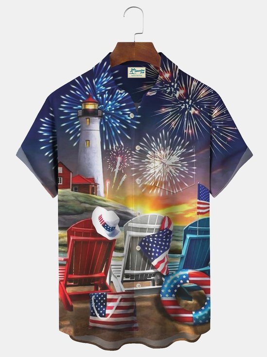 American Flag Fireworks Print Beach Men's Hawaiian Oversized Short Sleeve Shirt with Pockets