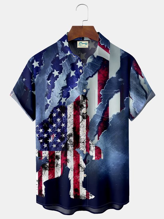 Flag Bigfoot Print Men's Hawaiian Oversized Shirt with Pockets