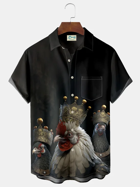 JoyMitty Royal Crown Portrait Rooster Print  Men's Hawaiian Oversized Shirt with Pockets