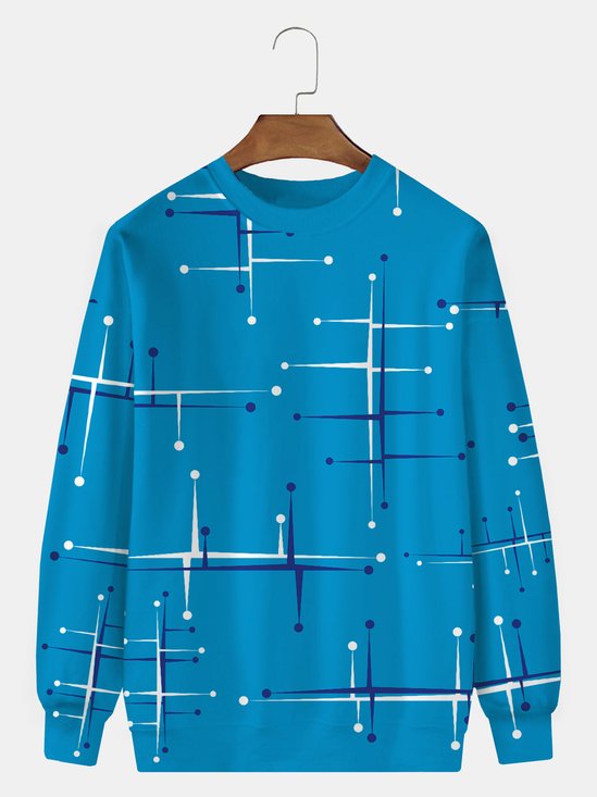 JoyMitty 50's Retro Mid-Century Geometric Blue Men's Crewneck Sweatshirt Stretch Plus Size Art Casual Pullover Sweatshirts
