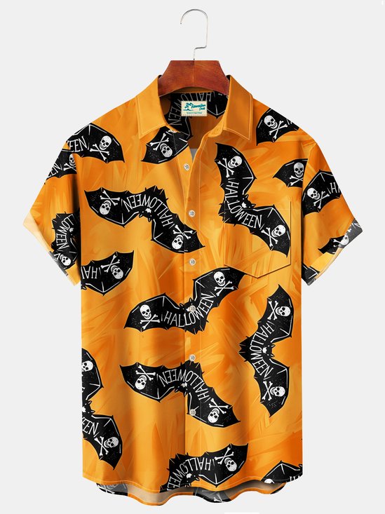 Halloween Orange Men's Hawaiian Shirts Pumpkin Monster Bat Stretch Plus Size Aloha Camp Button-Down Shirts