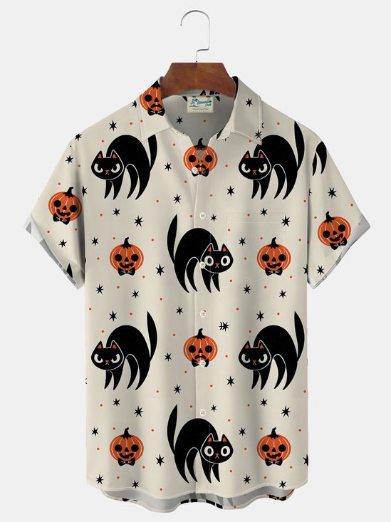 Halloween Pumpkin Ghost Print Men's Button Pocket Short Sleeve Shirt