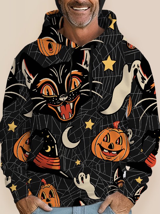 JoyMitty Halloween Cartoon Men's Black Hoodies Black Cat Spider Pumpkin Spooky Fun Plus Size Knit Pullover Sweatshirts