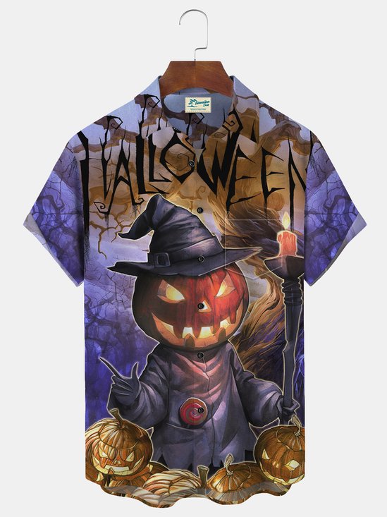 Royaura Halloween Pumpkin Print Beach Men's Hawaiian Oversized Long Sleeve Shirt with Pockets