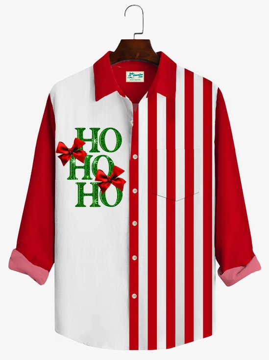 JoyMitty Holiday Casual Red Christmas Men's Long Sleeve Shirts Striped HOHOHO Cartoon Fun Camp Santa Claus Shirts