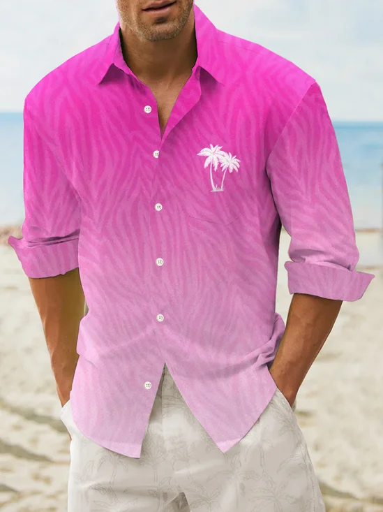 JoyMitty Hawaii Barbie Pink Coconut Tree Print Men's Button Pocket Long Sleeve Shirt