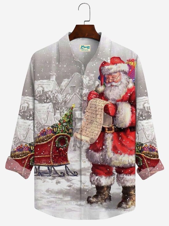 JoyMitty Christmas Santa Print Casual Men's Hawaiian Vacation Oversized Long Sleeve Shirt