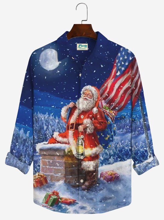 JoyMitty Christmas Santa Print Casual Men's Hawaiian Vacation Oversized Long Sleeve Shirt
