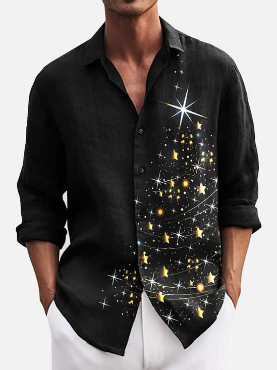 JoyMitty Christmas Black Men's Long Sleeve Shirts Glitter Gold Christmas Tree Stretch Oversized Button Shirts