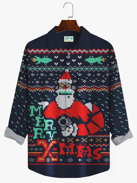 JoyMitty Christmas Holiday Navy Long Sleeve Casual Shirts Santa Claus Cartoon Art Camp Button Shirts