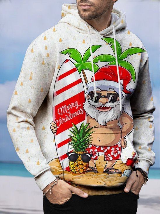 JoyMitty Men's Hawaiian Santa Surfer Print Hooded Sweatshirt