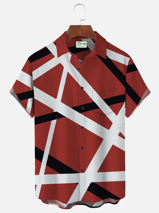 JoyMitty Vintage Rock Red Geometric Music Art Men's Casual Shirts Stretch Plus Size Pocket Aloha Camp Button Shirts