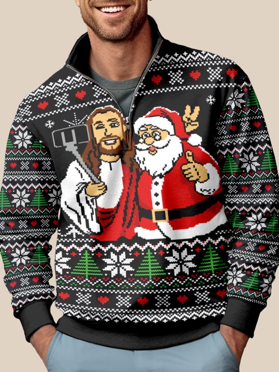 JoyMitty Men's Jesus And Santa Ugly Christmas Sweater Print Festive Style Half Zipper