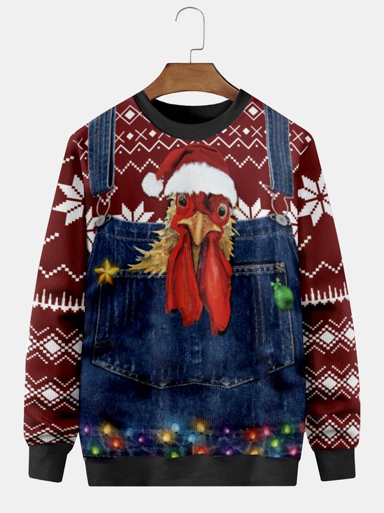 JoyMitty Men's Rooster Ugly Christmas Sweater Print Beach Pullover Sweatshirts