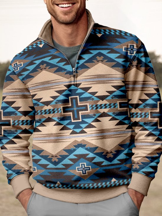JoyMitty Men's Aztec Print Art Festive Stand Collar Oversized Sweatshirt