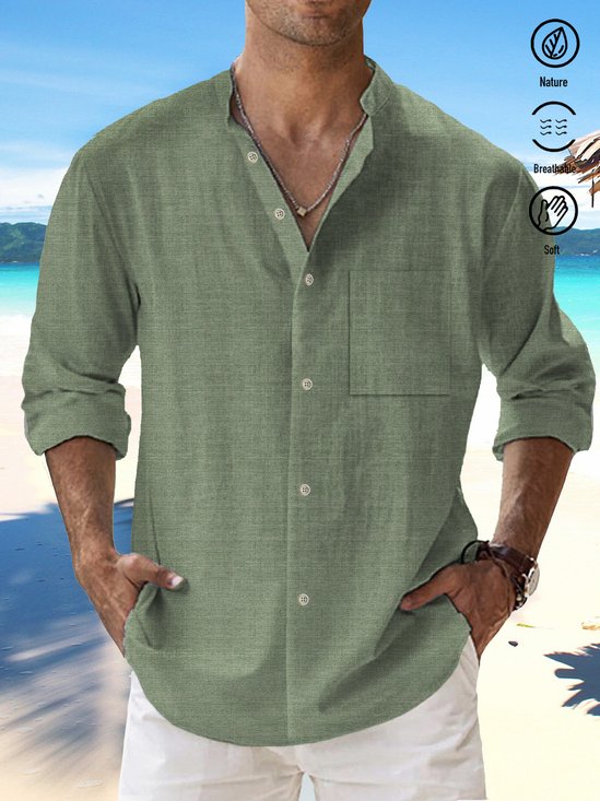 JoyMitty Beach Vacation Green Men's Casual Stand Collar Shirts Soft & Breathable Long Sleeve Shirts