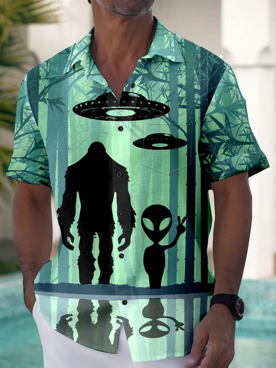 JoyMitty Bamboo Bigfoot Alien Spaceship Print  Men's Hawaiian Oversized Shirt with Pockets