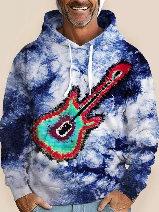 JoyMitty 50's Retro Hippie Men's Blue Drawstring Hoodies Tie Dye Guitar Rock Music Stretch Plus Size Pullover Shirts