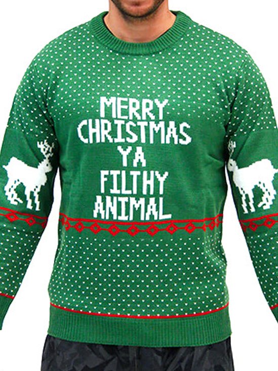 JoyMitty Christmas Holiday Casual Green Men's Round Neck Pullover Ugly Sweater Elk Letter Art Casual Tops