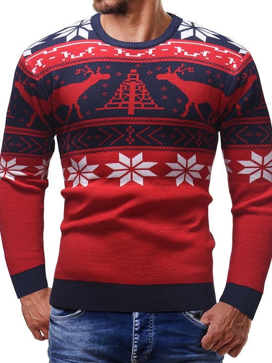 JoyMitty Christmas Holiday Casual Red Men's Round Neck Pullover Ugly Sweater Snowflake Art Casual Tops