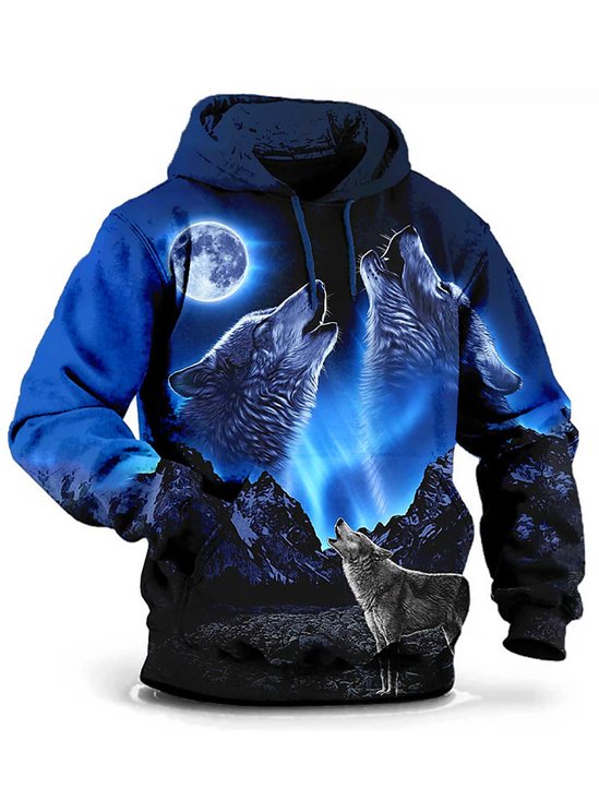 JoyMitty Men's Wolf Aurora Print Vintage Hooded Sweatshirt