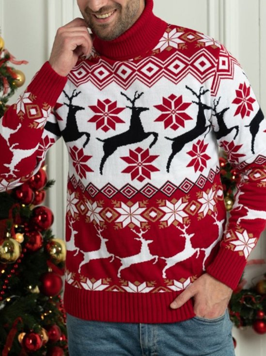Men's Christmas Elk Jacquard Long Sleeve Turtleneck Sweater