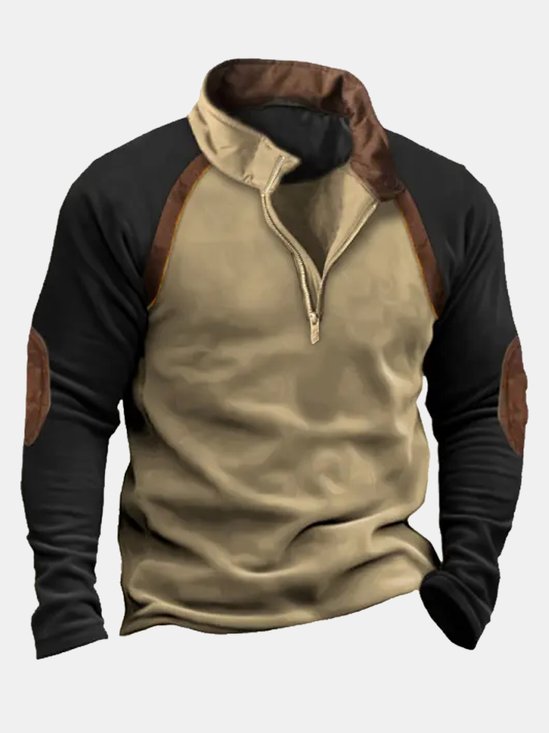 50's Retro Casual Western Men's Camp Stand Collar Sweatshirts Stretch Plus Size Spliced ​​Outdoor Pullover Tops