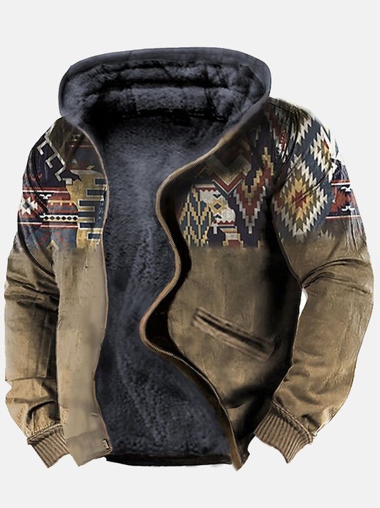 JoyMitty Vintage Aztec Khaki Men's Drawstring Hoodies Stretch Warm Fleece Ethnic Geometric Art Pullover Sweatshirts