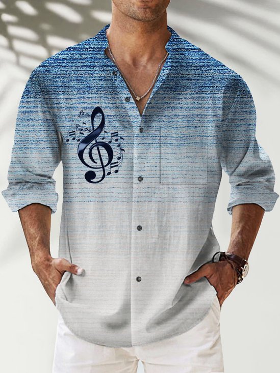 JoyMitty Beach Vacation Men's Stand Collar Long Sleeve Shirts Note Gradient Stretch Plus Size Aloha Camp Shirts