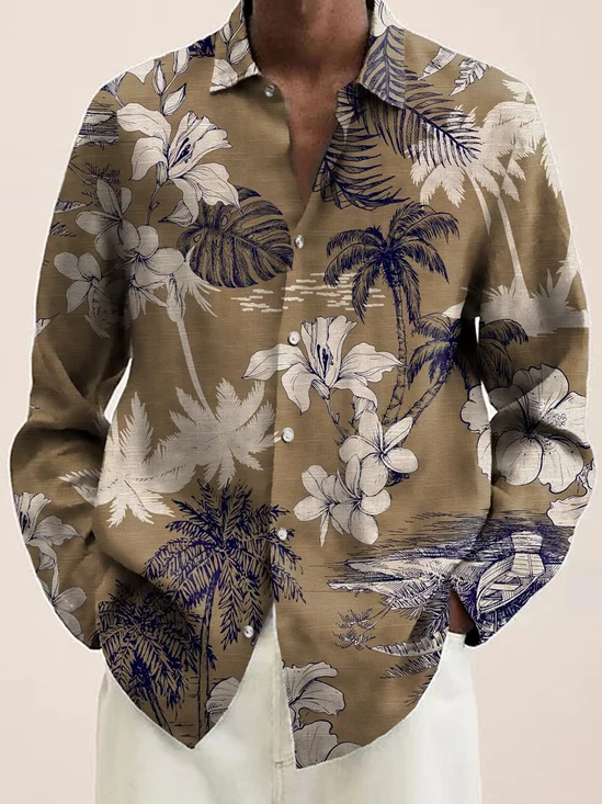 JoyMitty Beach Vacation Khaki Men's Hawaiian Casual Long Sleeve Shirts Vintage Floral Stretch Plus Size Aloha Camp Pocket Shirts