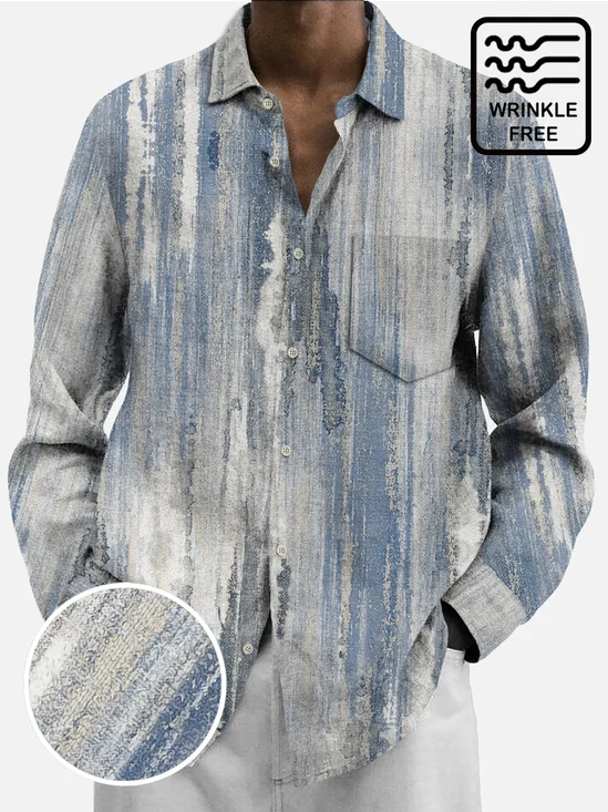 JoyMitty 50’s Vintage Textured Light Blue Men's Casual Long Sleeve Shirts Stretch Aloha Camp Pocket Wrinkle Free Seersucker Shirts