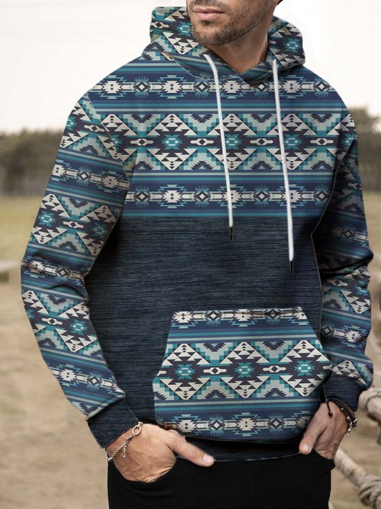 JoyMitty Outdoor Nomad Aztec Geometric Blue Men's Drawstring Hoodies Art Patchwork Stretch Plus Size Pullover Sweatshirts