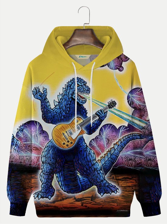 JoyMitty Men's Ukiyoe Monster Wave Print Drawstring Hooded Sweatshirt