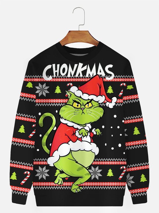 JoyMitty Christmas Fun Cartoon Green Cat Monster Men's Round Neck Sweatshirt Large Size Stretch Art Ugly Pattern Pullover Sweatshirts